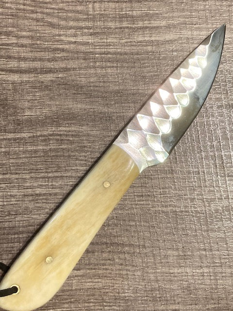 FX-008!BONE HANDLE D2 HAMMERED STEEL FIXED BLADE KNIFE