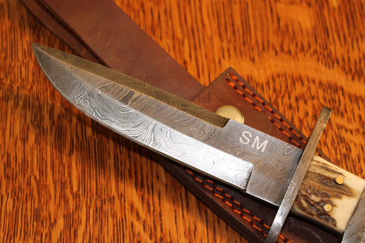 FX-074 STAG HORN DOUBLE HILT HANDLE DAMASCUS HUNTING KNIFE