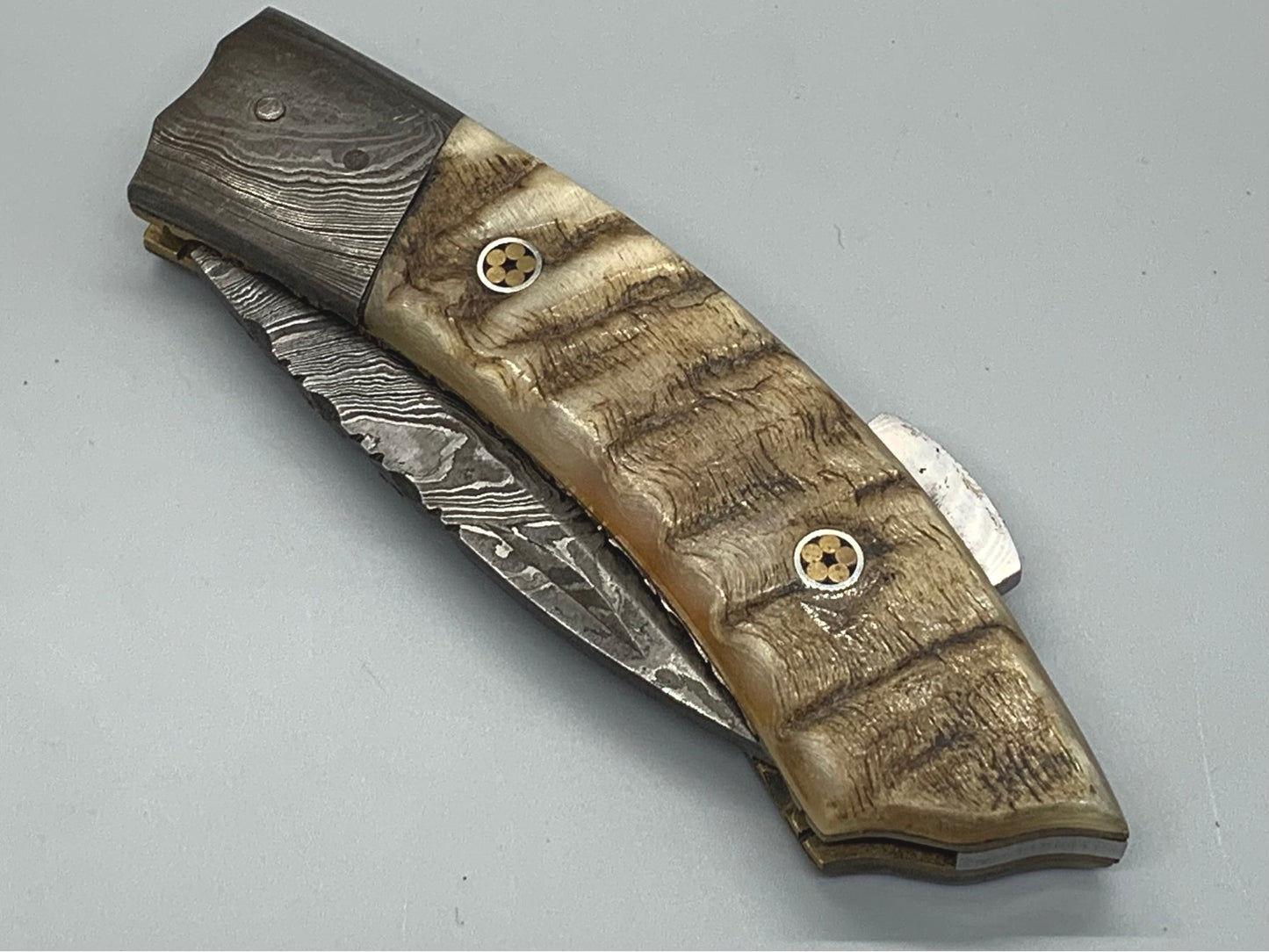 FD-043 Ram Horn Folder w/Damascus fold blade