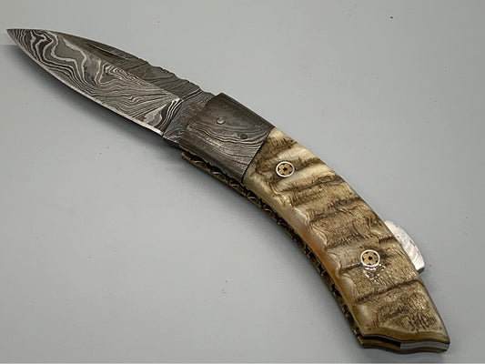 FD-043 Ram Horn Folder w/Damascus fold blade