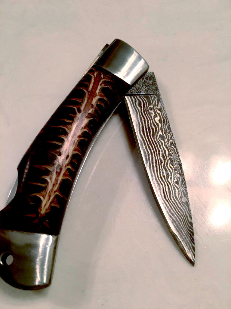 FD-049 Pine Cone Handle San Mai Damascus Folding Knife