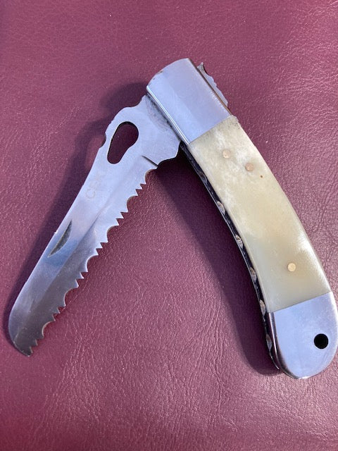 FD-006 Bone Handle Folding Knife W/ D2 steel serrated blade/Rope Cutter